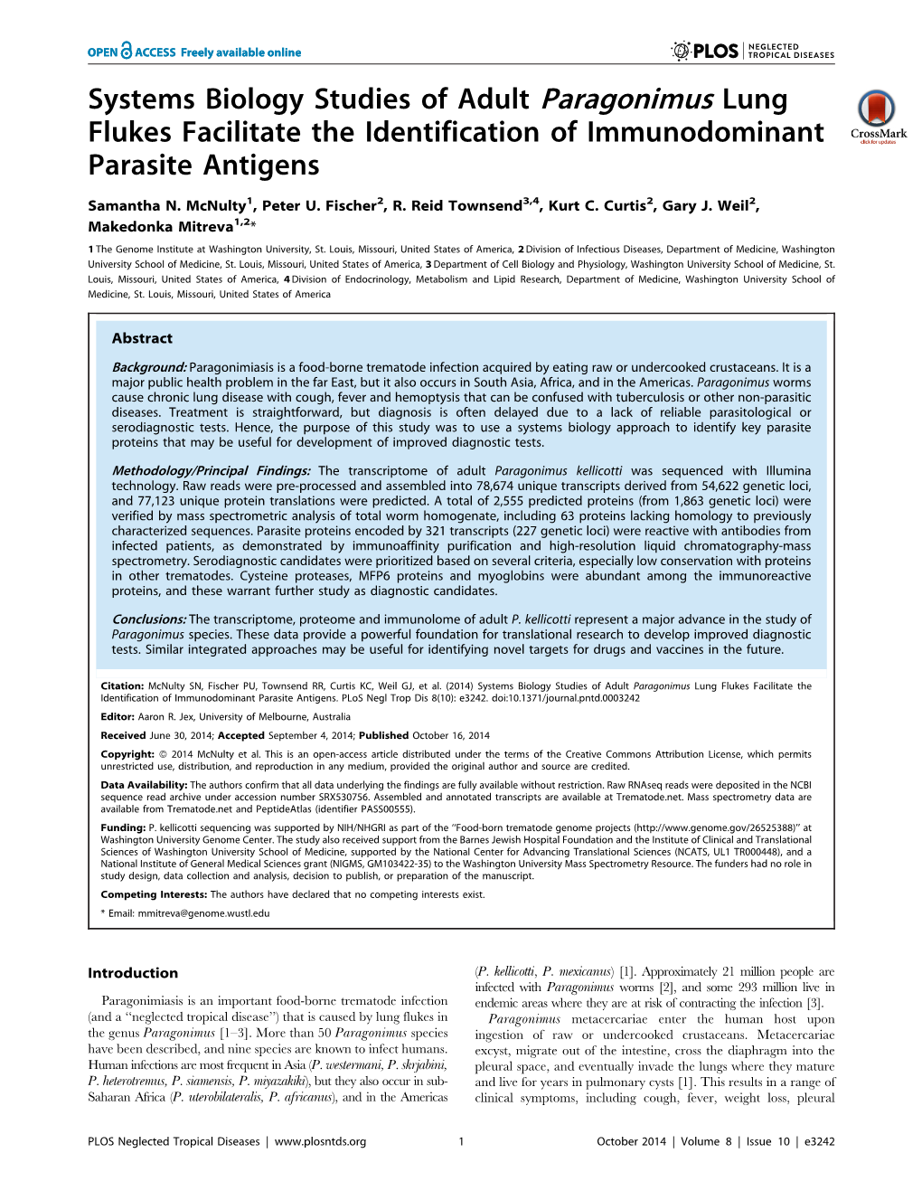 Systems Biology Studies of Adult Paragonimus Lung Flukes Facilitate the Identification of Immunodominant Parasite Antigens