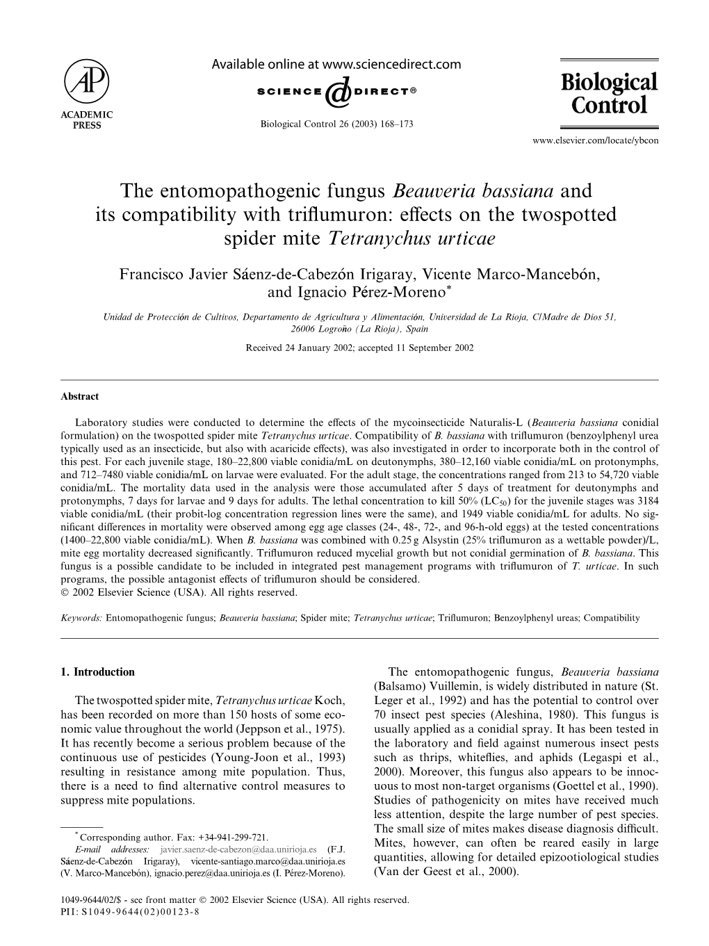 The Entomopathogenic Fungus Beauveria Bassiana and Its Compatibility with Triflumuron: Effects on the Twospotted Spider Mite