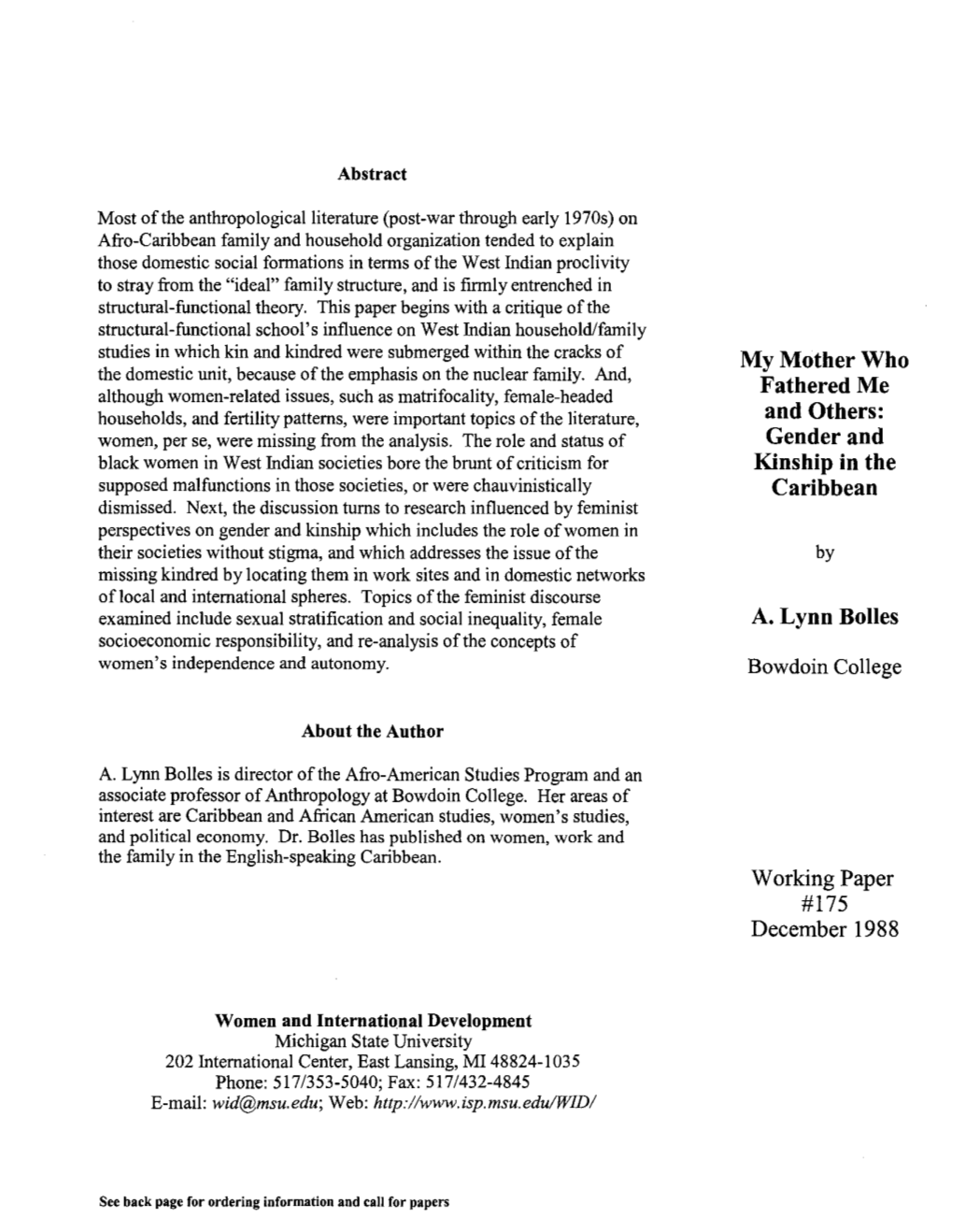 Gender and Kinship in the Caribbean A. Lynn Bolles