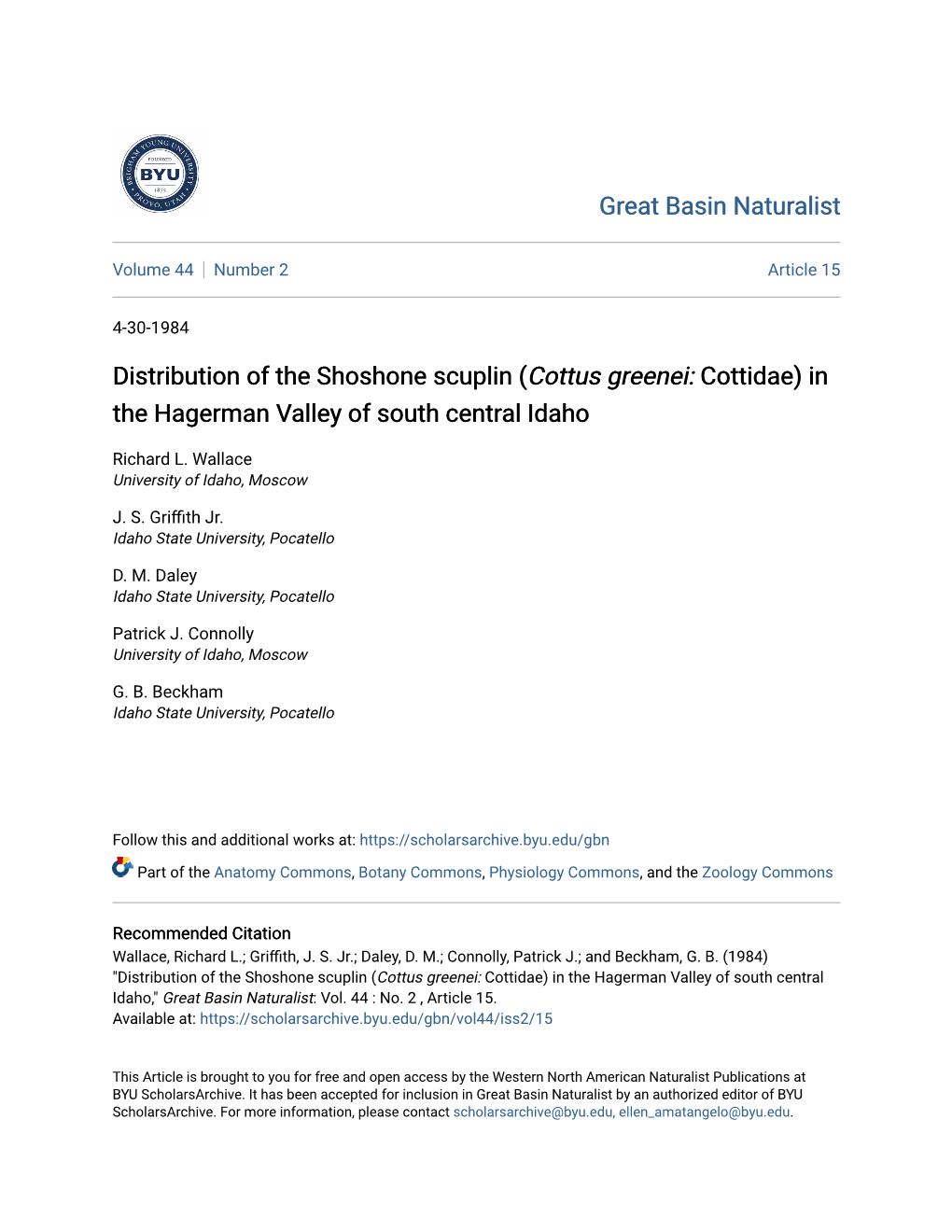 Distribution of the Shoshone Scuplin (Cottus Greenei: Cottidae) in the Hagerman Valley of South Central Idaho