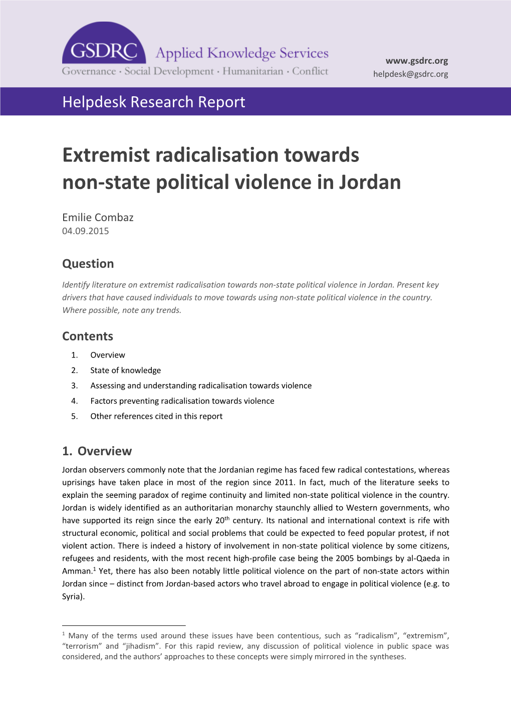 Extremist Radicalisation Towards Non-State Violence in Jordan