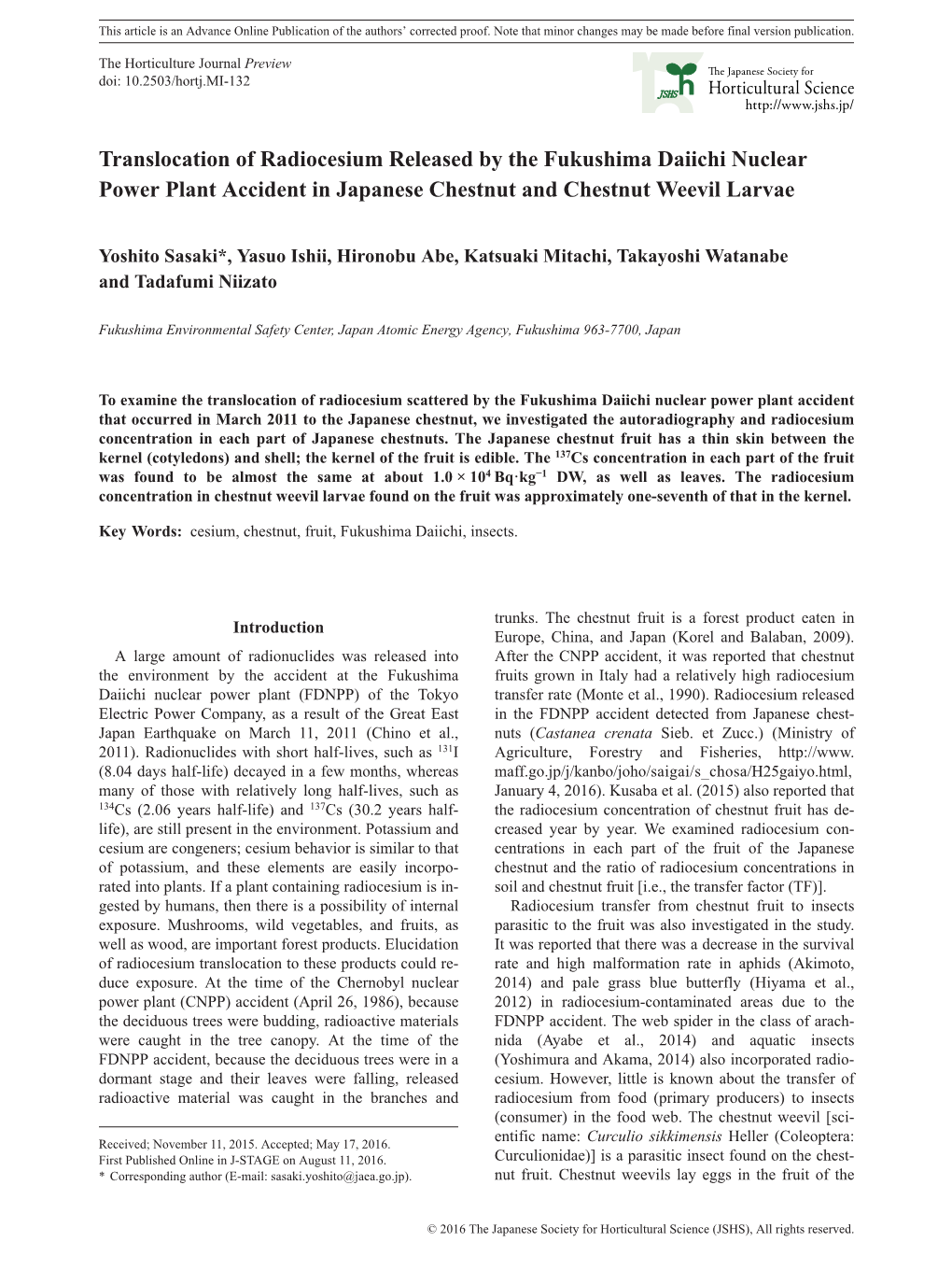 Translocation of Radiocesium Released by the Fukushima Daiichi Nuclear Power Plant Accident in Japanese Chestnut and Chestnut Weevil Larvae