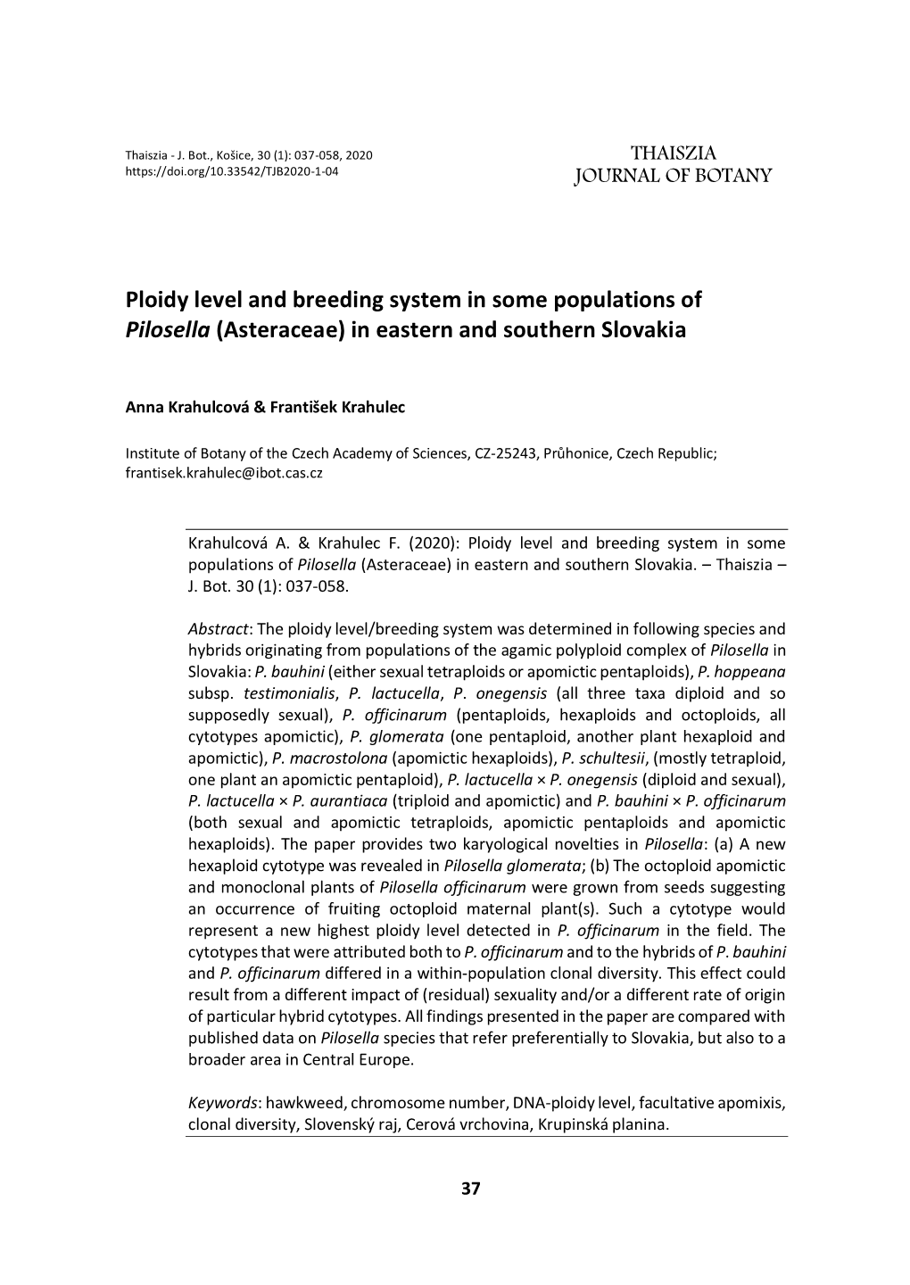 Ploidy Level and Breeding System in Some Populations of Pilosella (Asteraceae) in Eastern and Southern Slovakia