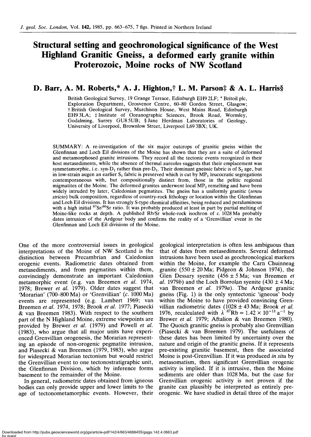 Structural Setting and Geochronological Significance of the West Highland Granitic Gneiss, a Deformed Early Granite Within Proterozoic, Moine Rocks of NW Scotland