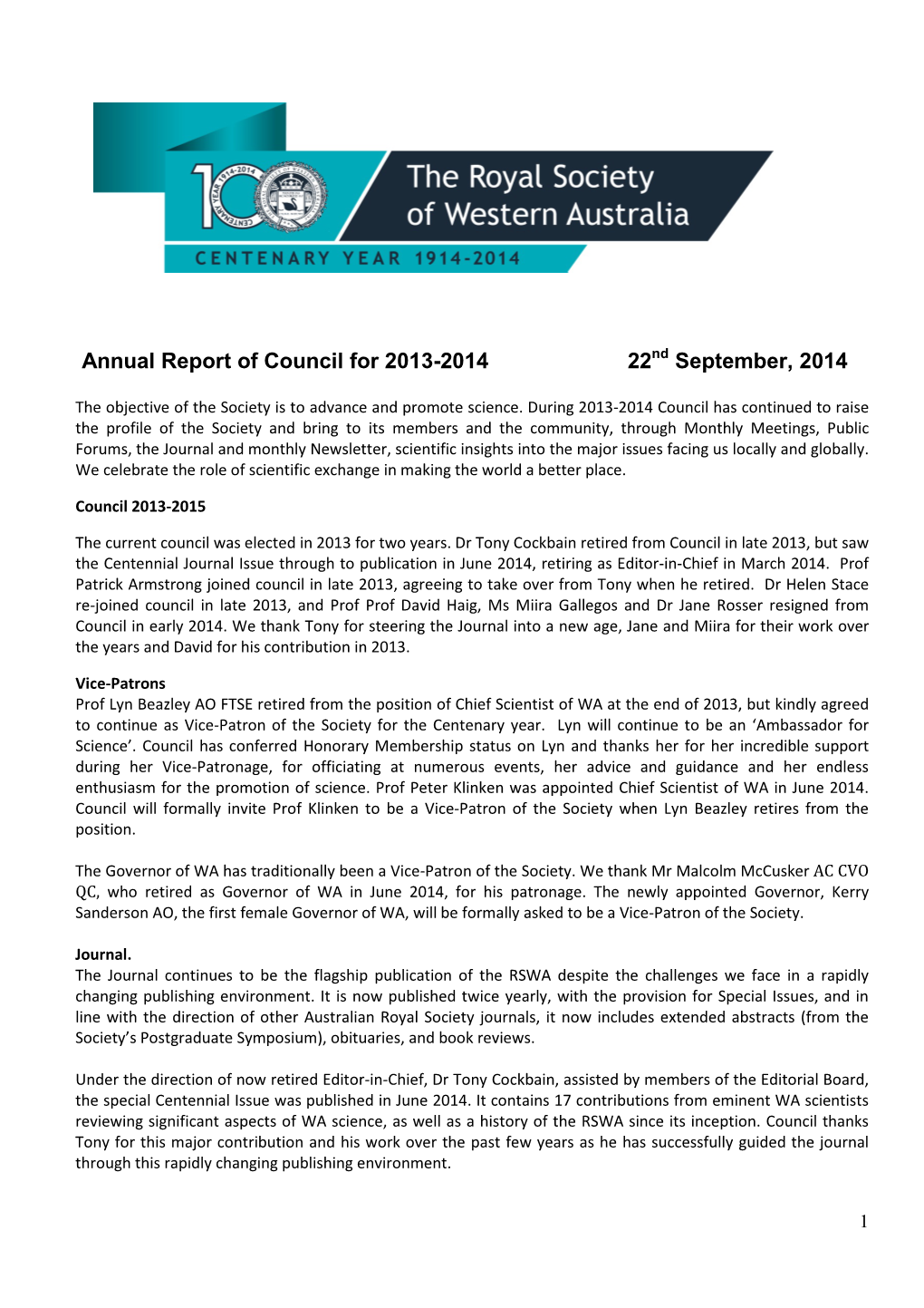 Annual Report of Council for 2013-2014 22 September, 2014
