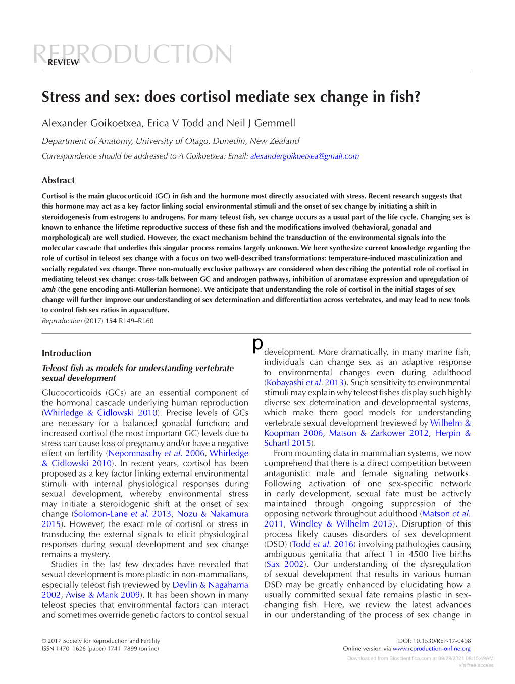 Stress and Sex: Does Cortisol Mediate Sex Change in Fish?