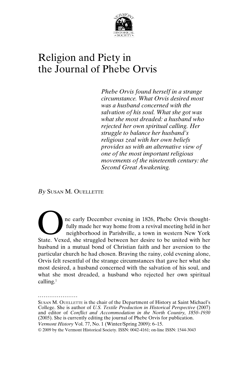 Religion and Piety in the Journal of Phebe Orvis