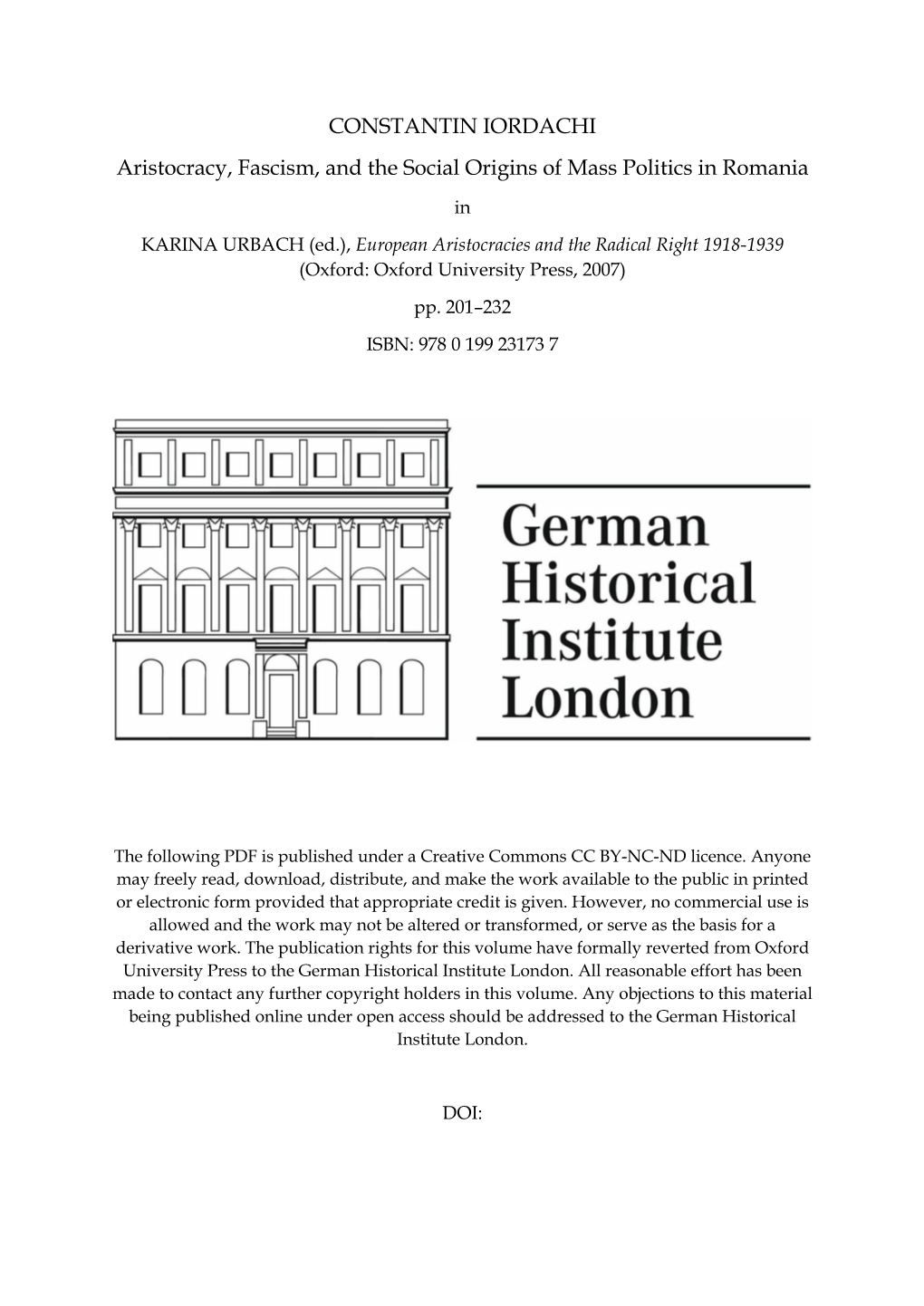 CONSTANTIN IORDACHI Aristocracy, Fascism, and the Social Origins of Mass Politics in Romania