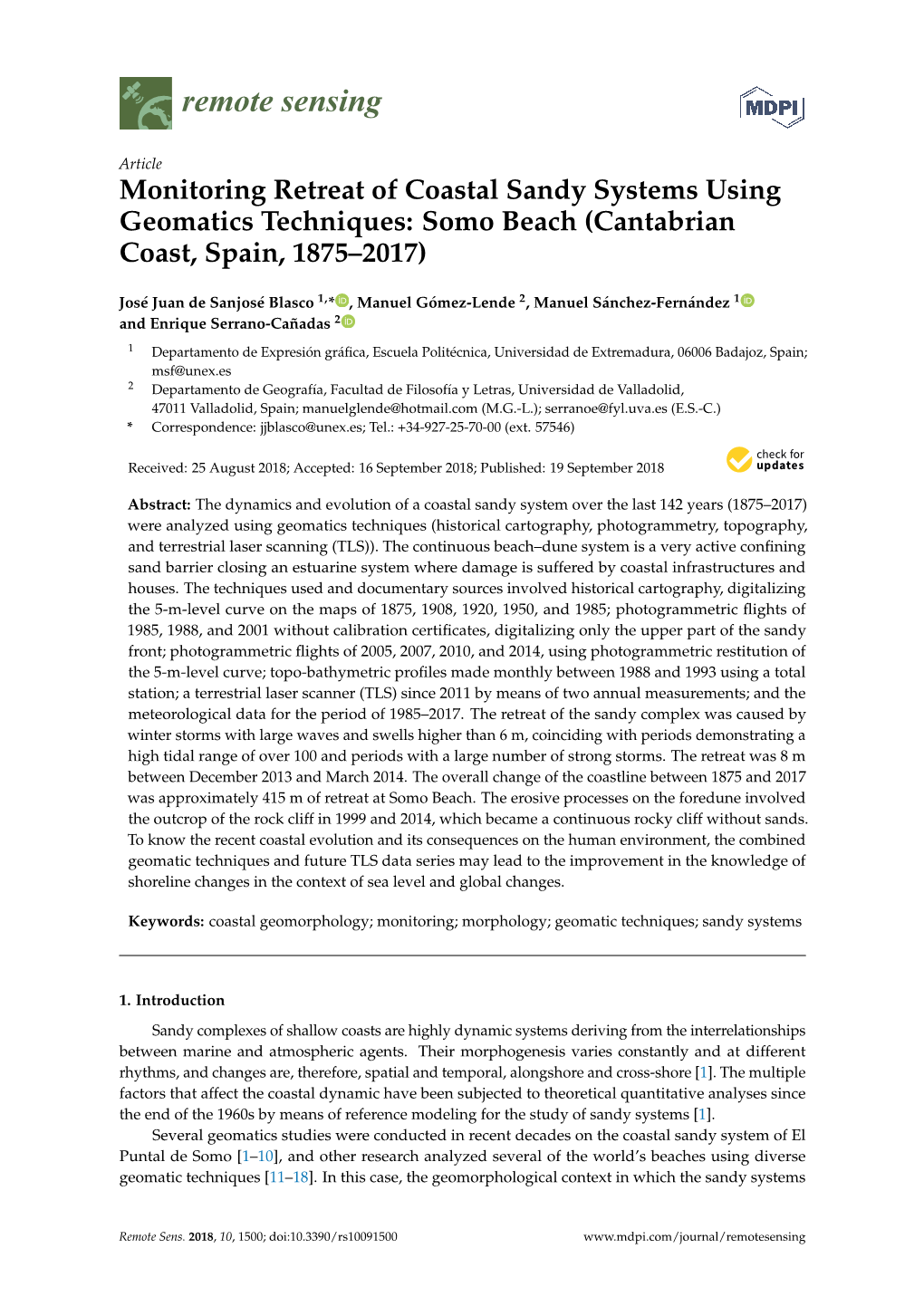 Monitoring Retreat of Coastal Sandy Systems Using Geomatics Techniques: Somo Beach (Cantabrian Coast, Spain, 1875–2017)