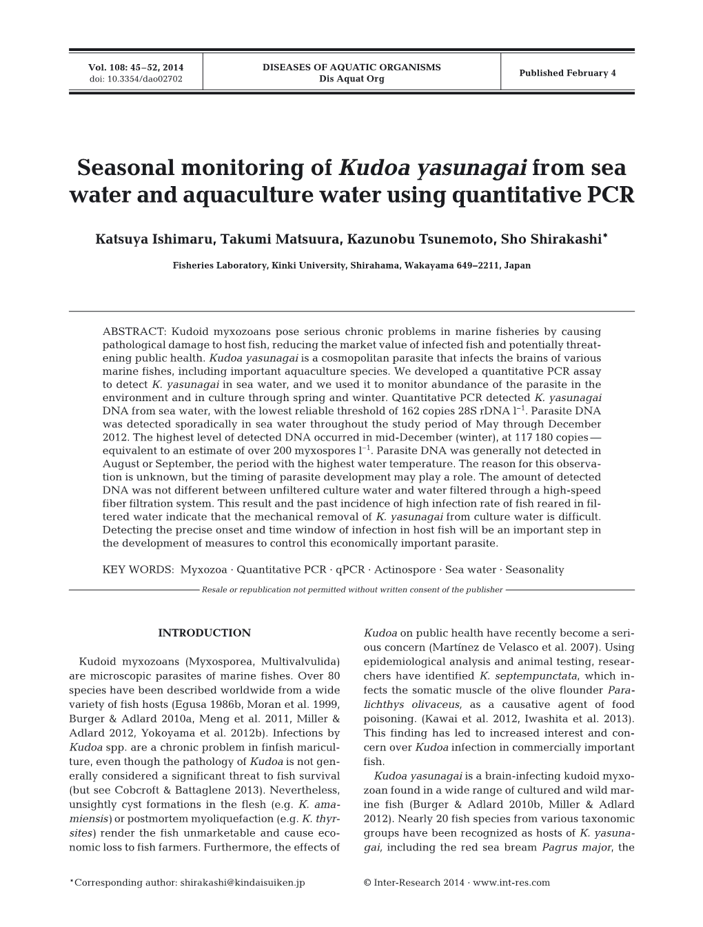 Seasonal Monitoring of Kudoa Yasunagai from Sea Water and Aquaculture Water Using Quantitative PCR