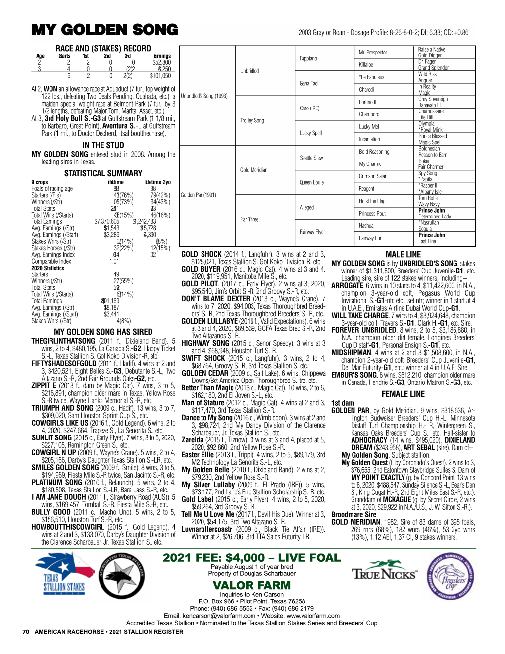 MY GOLDEN SONG 2003 Gray Or Roan - Dosage Profile: 8-26-8-0-2; DI: 6.33; CD: +0.86