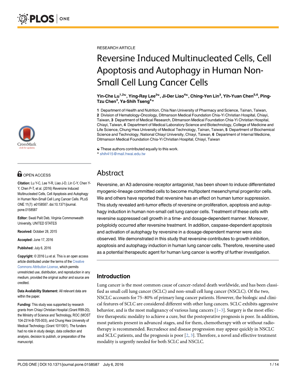 Reversine Induced Multinucleated Cells, Cell Apoptosis and Autophagy in Human Non- Small Cell Lung Cancer Cells