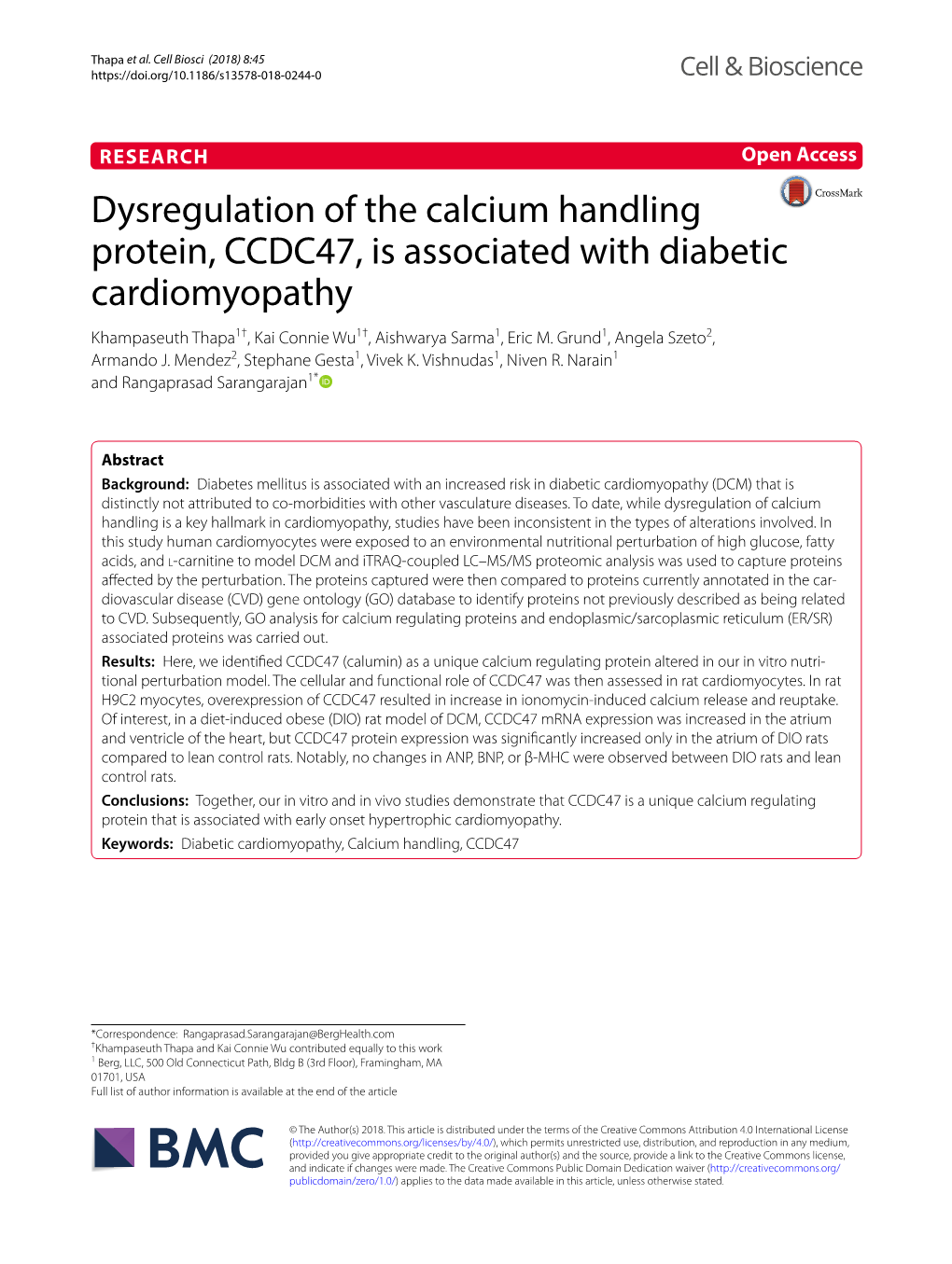 Dysregulation of the Calcium Handling Protein, CCDC47, Is Associated with Diabetic Cardiomyopathy Khampaseuth Thapa1†, Kai Connie Wu1†, Aishwarya Sarma1, Eric M