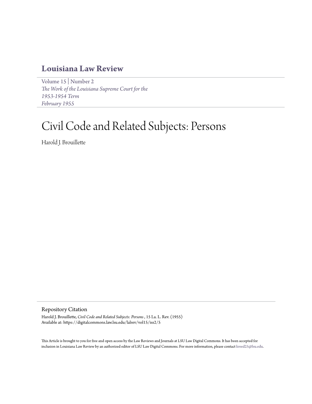 Civil Code and Related Subjects: Persons Harold J