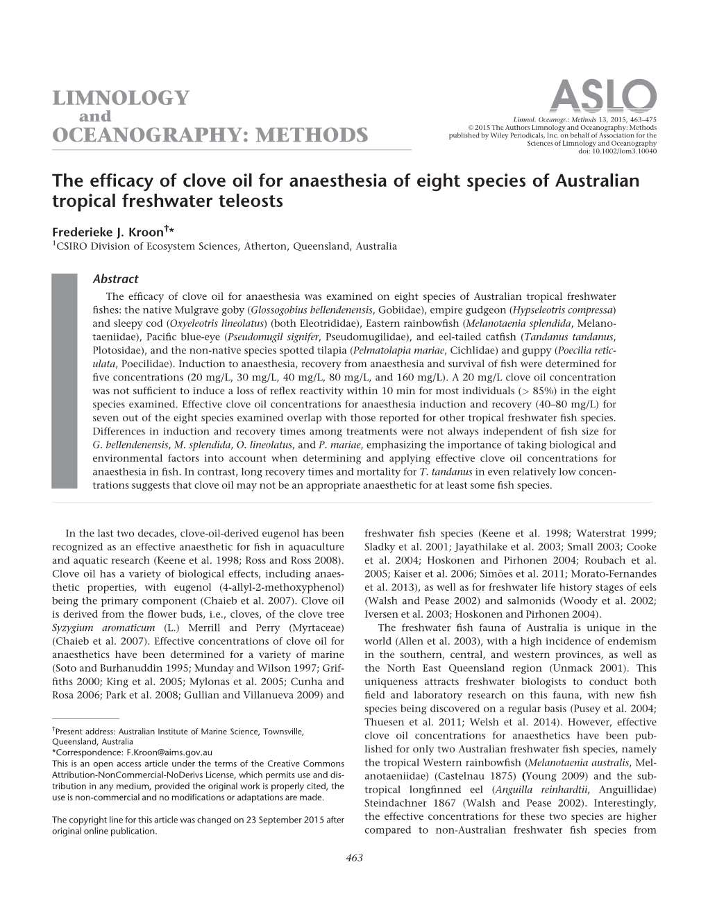 The Efficacy of Clove Oil for Anaesthesia of Eight Species of Australian Tropical Freshwater Teleosts