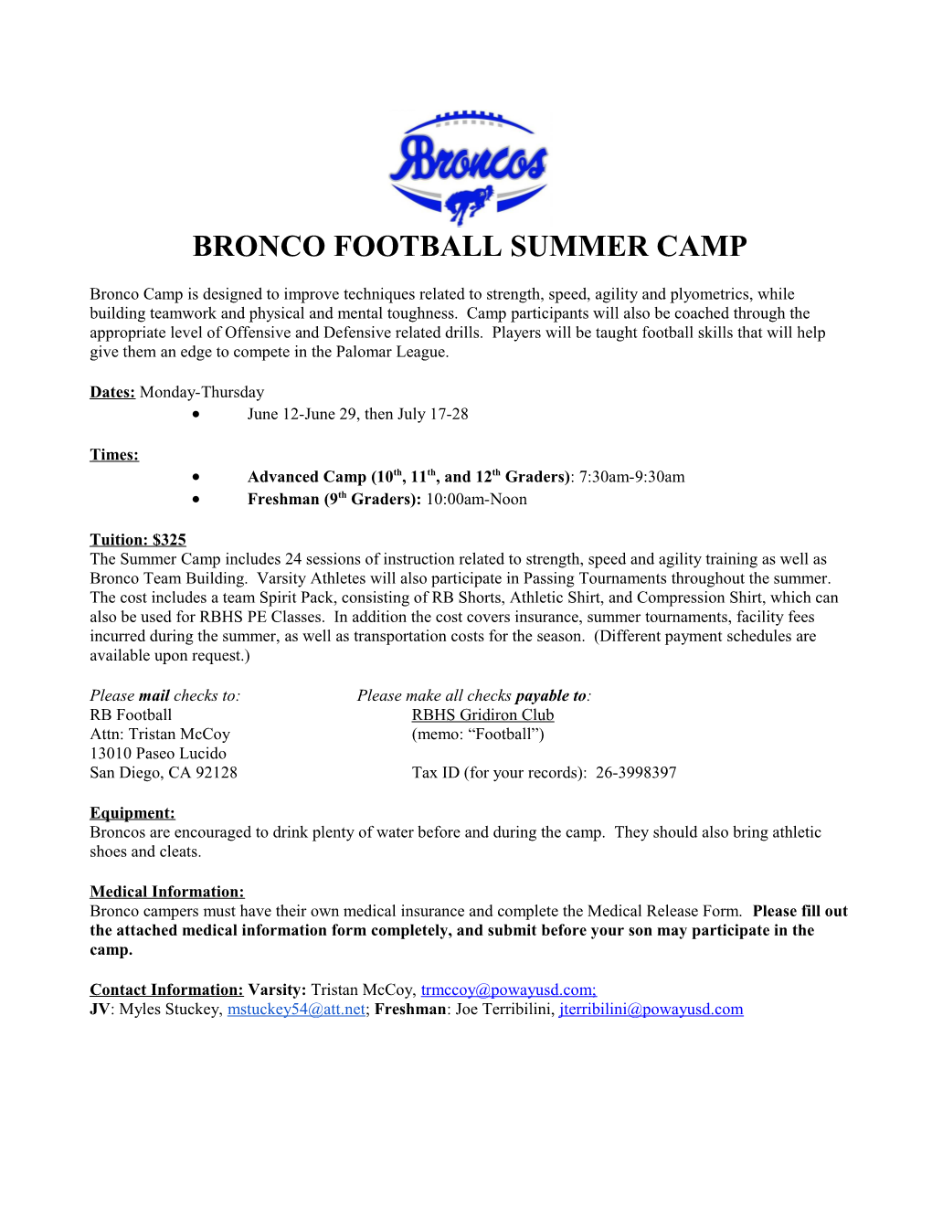 Bronco Football Summer Camp