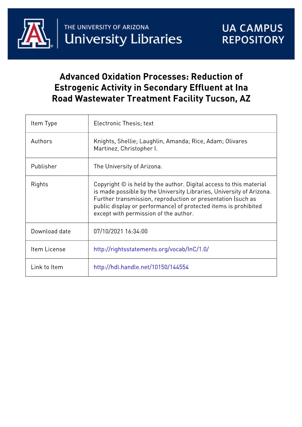 Advanced Oxidation Processes: Reduction of Estrogenic Activity in Secondary Effluent at Ina Road Wastewater Treatment Facility Tucson, AZ