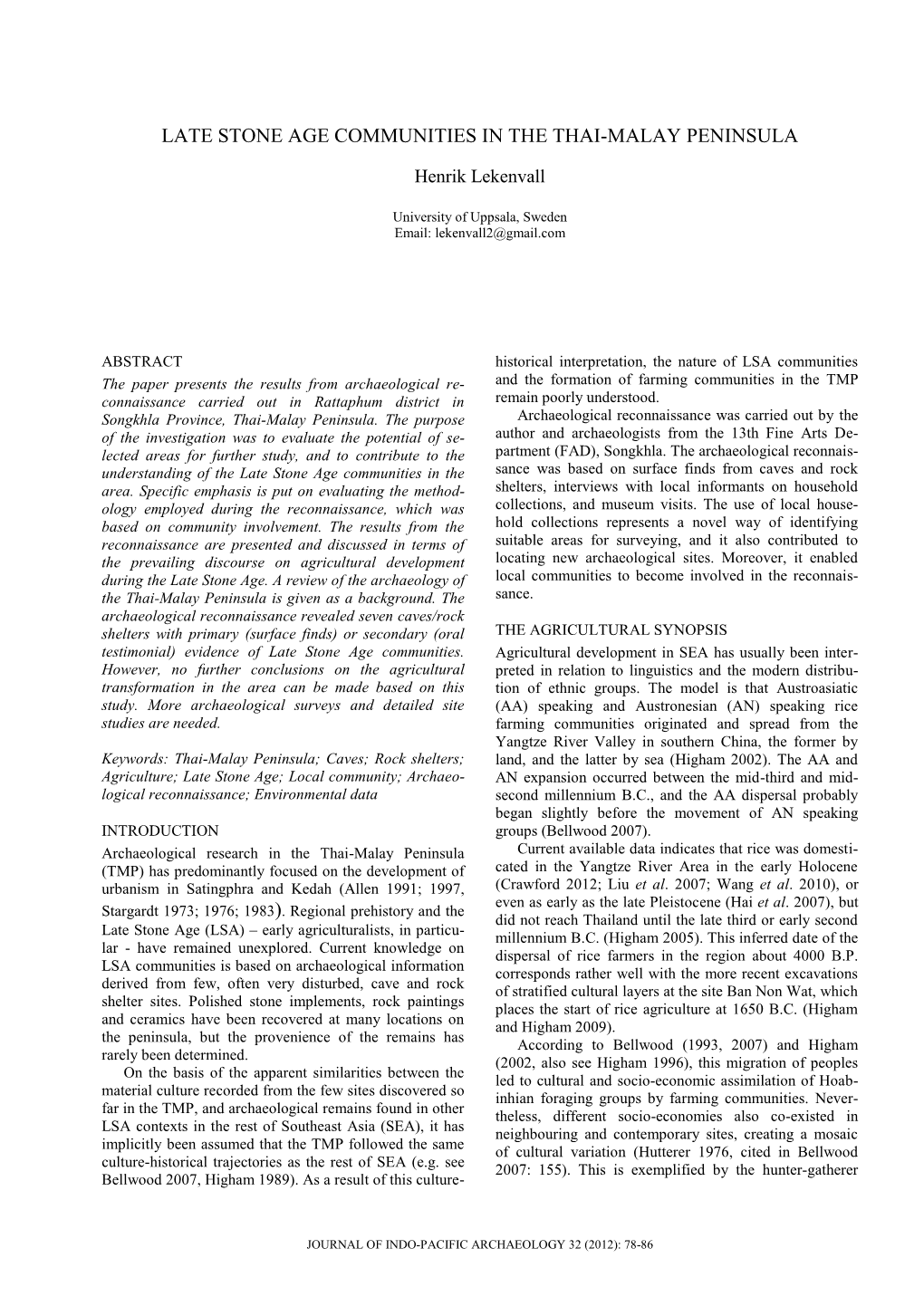 Late Stone Age Communities in the Thai-Malay Peninsula