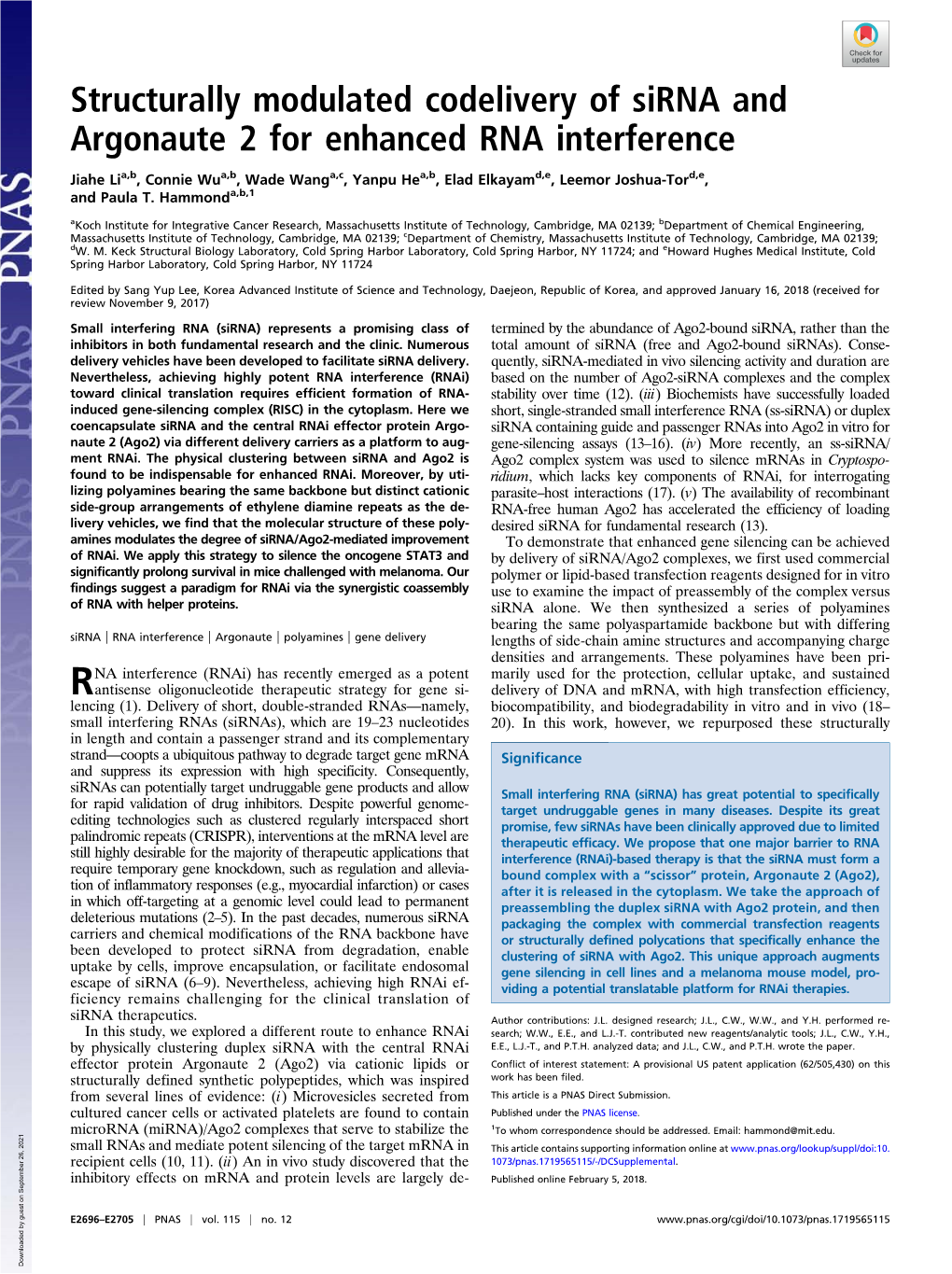 Structurally Modulated Codelivery of Sirna and Argonaute 2 for Enhanced RNA Interference