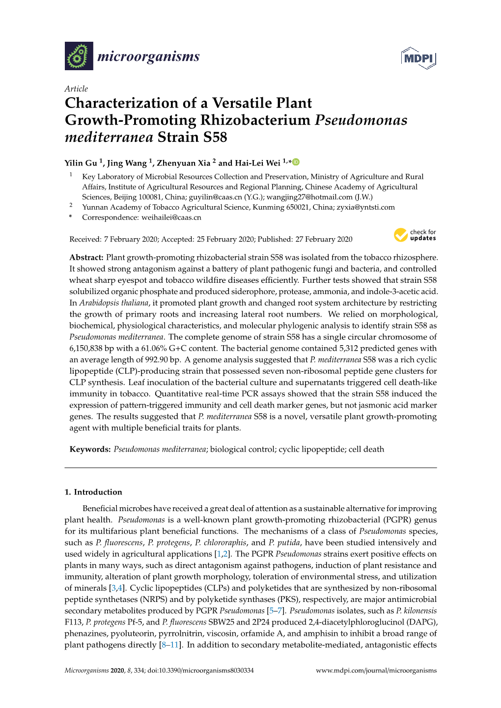 Characterization of a Versatile Plant Growth-Promoting Rhizobacterium Pseudomonas Mediterranea Strain S58