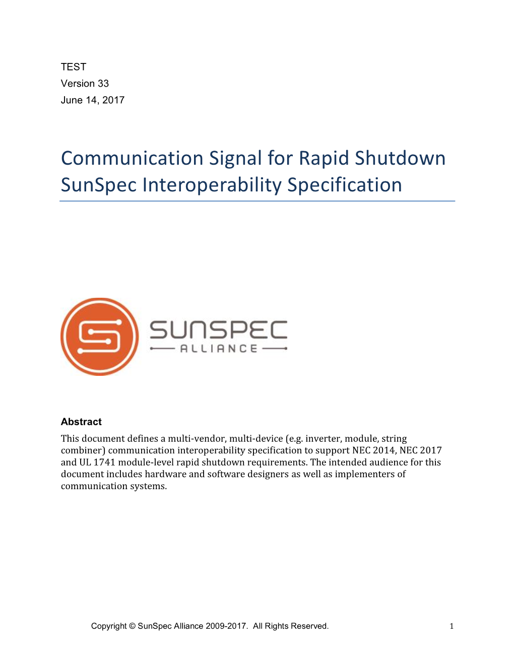 Communication Signal for Rapid Shutdown Sunspec Interoperability Specification