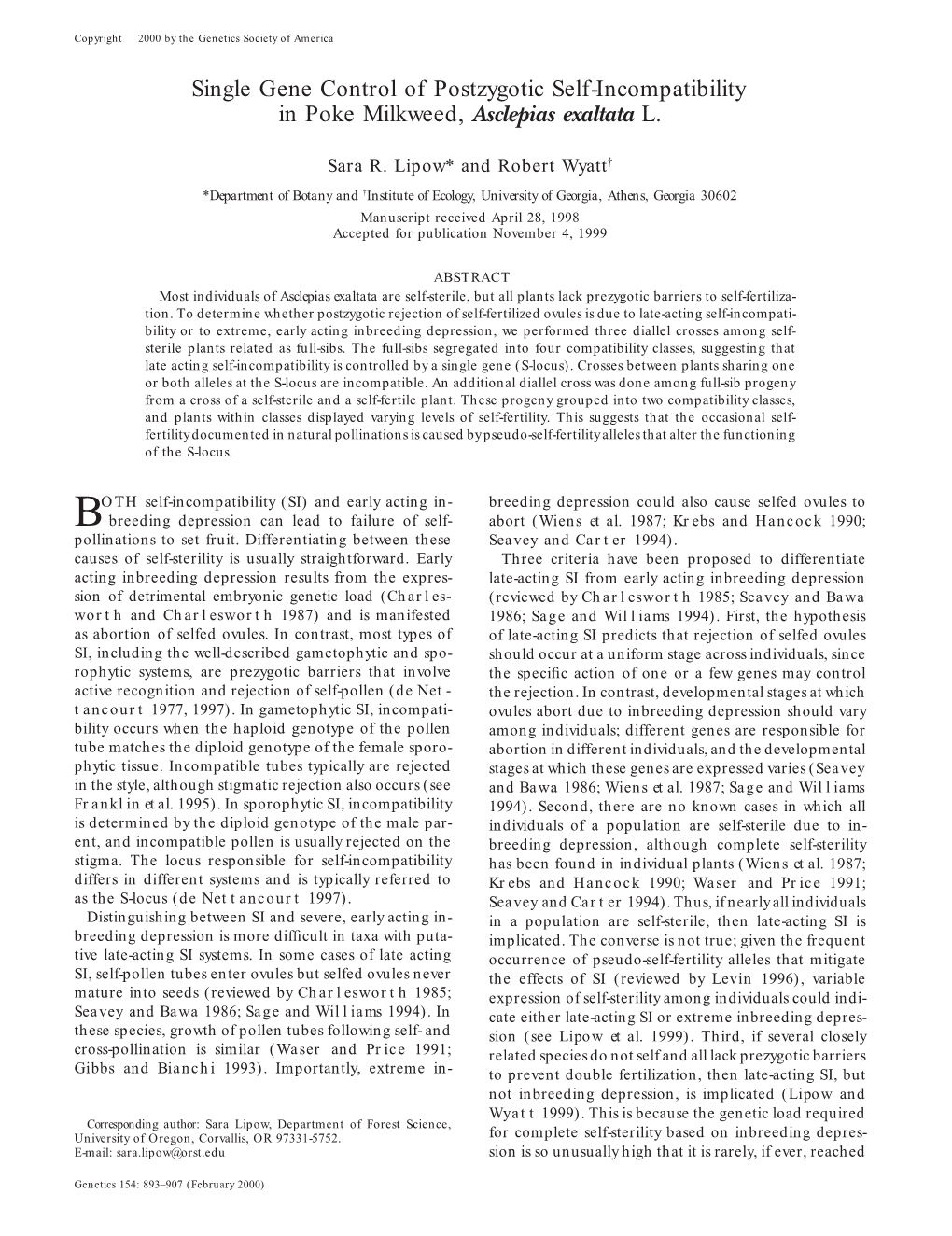 Single Gene Control of Postzygotic Self-Incompatibility in Poke Milkweed, Asclepias Exaltata L