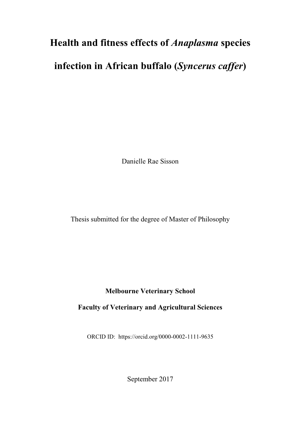Health and Fitness Effects of Anaplasma Species Infection in African Buffalo (Syncerus Caffer)