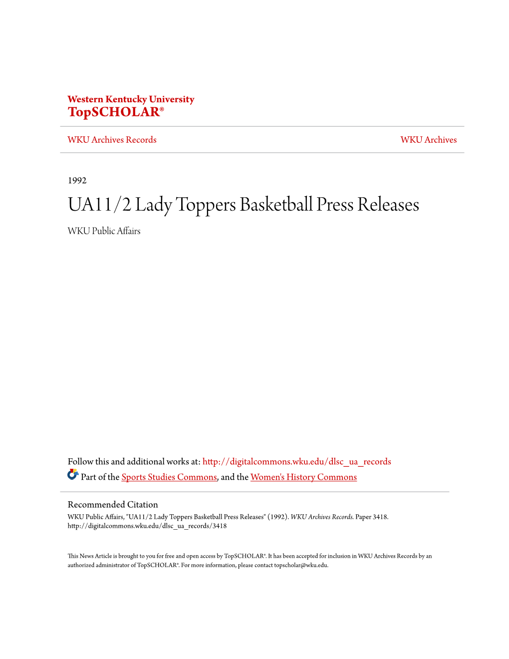 UA11/2 Lady Toppers Basketball Press Releases WKU Public Affairs