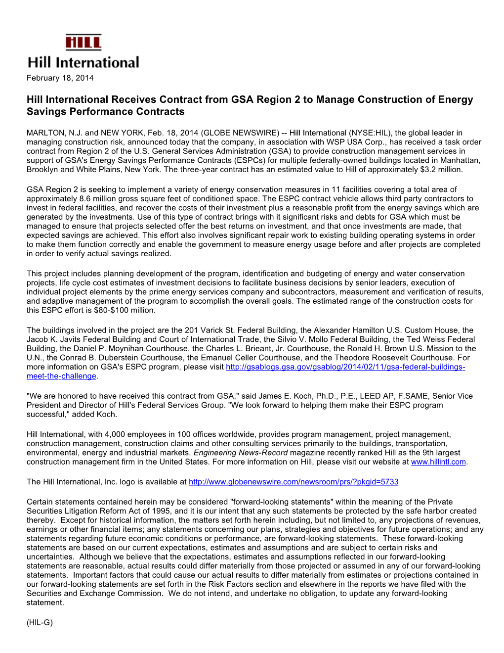 Hill International Receives Contract from GSA Region 2 to Manage Construction of Energy Savings Performance Contracts