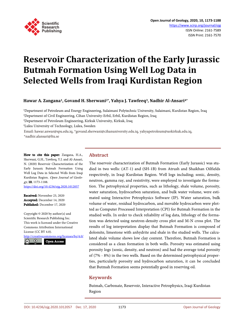 Reservoir Characterization of the Early Jurassic Butmah Formation Using Well Log Data in Selected Wells from Iraqi Kurdistan Region