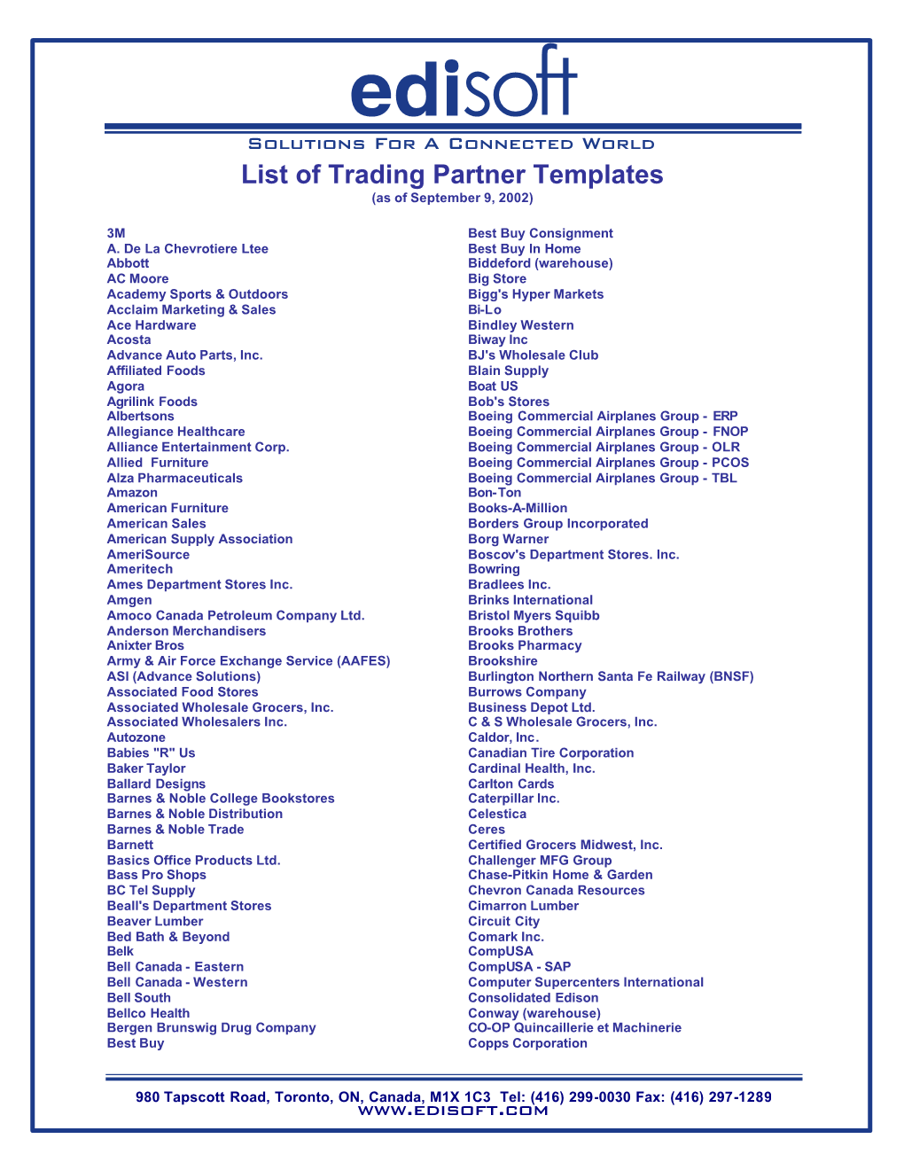 List of Trading Partner Templates