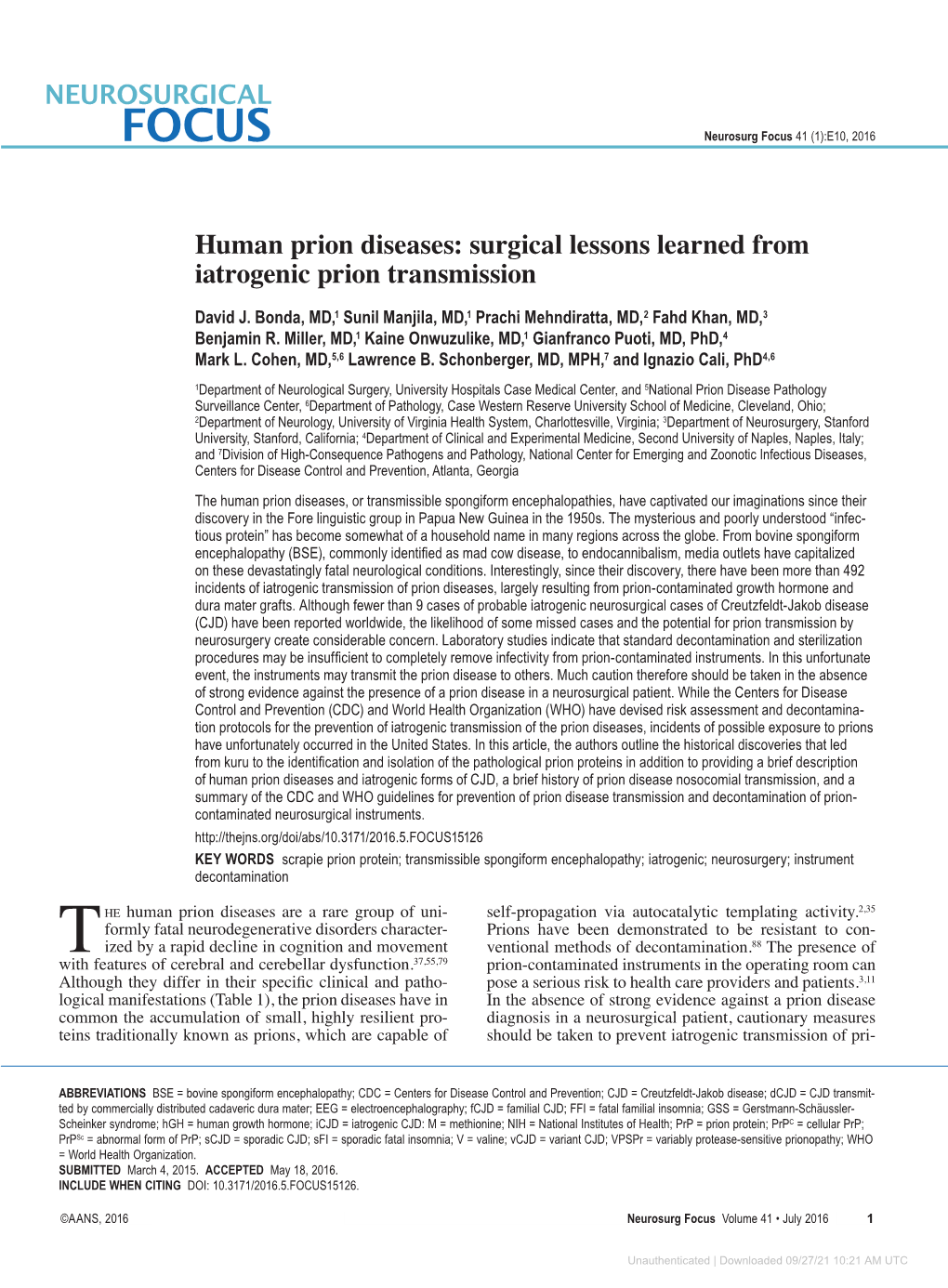 Human Prion Diseases: Surgical Lessons Learned from Iatrogenic Prion Transmission David J