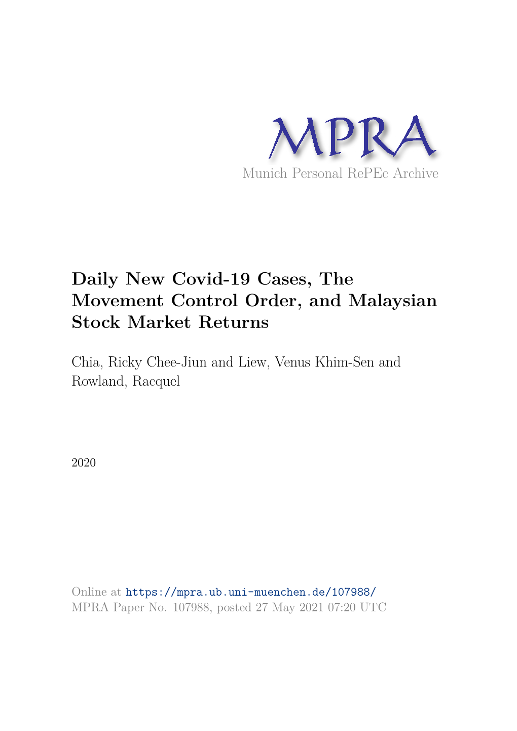 Daily New Covid-19 Cases, the Movement Control Order, and Malaysian Stock Market Returns