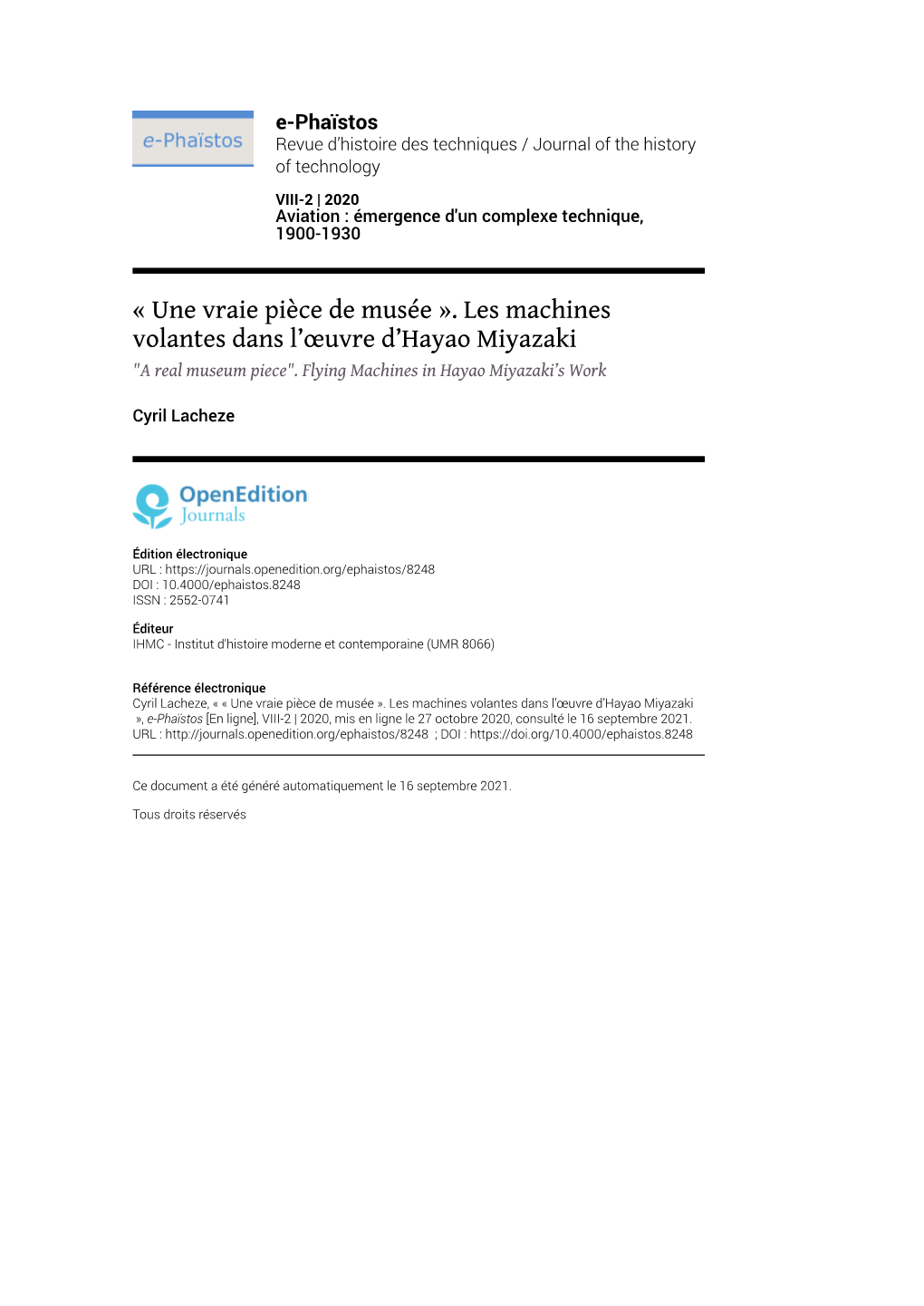 E-Phaïstos, VIII-2 | 2020 « Une Vraie Pièce De Musée »