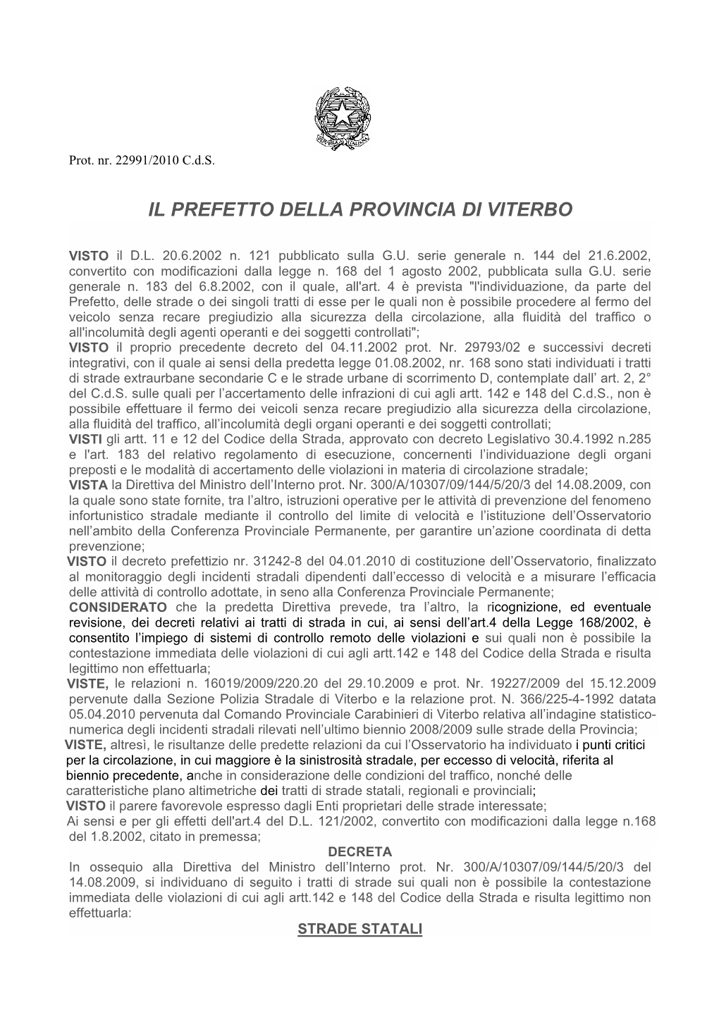 Il Prefetto Della Provincia Di Viterbo