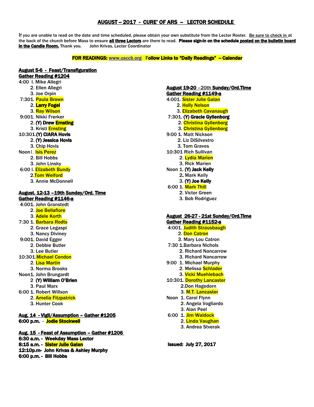 August 2017 - Cure of Ars Lector Schedule