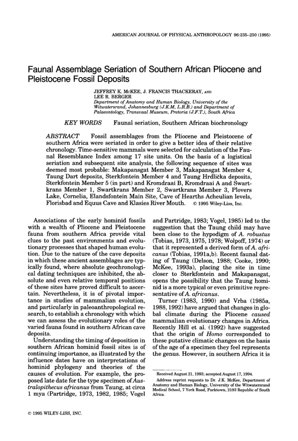 Faunal Assemblage Seriation of Southern African Pliocene and Pleistocene Fossil Deposits