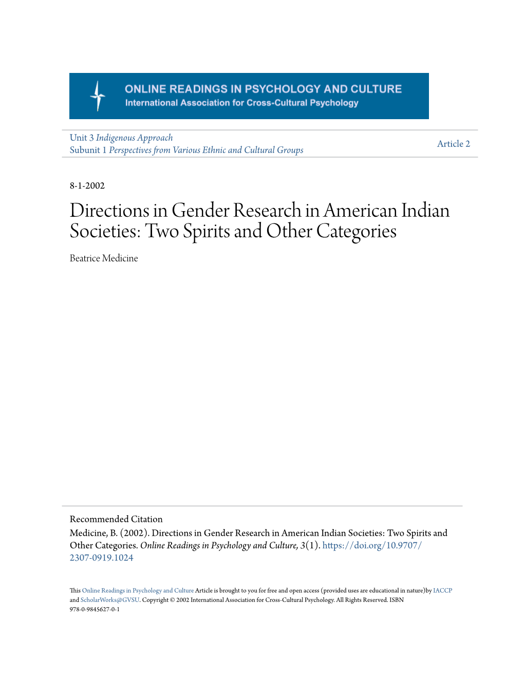 Directions in Gender Research in American Indian Societies: Two Spirits and Other Categories Beatrice Medicine