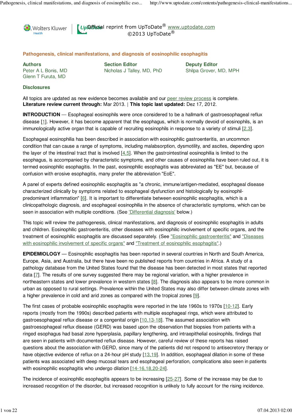 Pathogenesis, Clinical Manifestations, and Diagnosis of Eosinophilic Eso