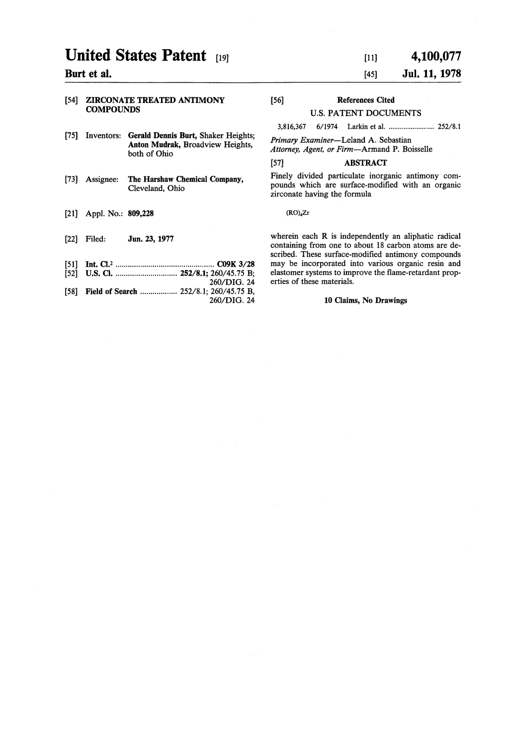 United States Patent (19) 11 4,100,077 Burt Et Al