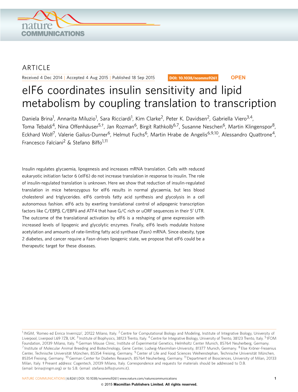 Eif6 Coordinates Insulin Sensitivity and Lipid Metabolism by Coupling Translation to Transcription
