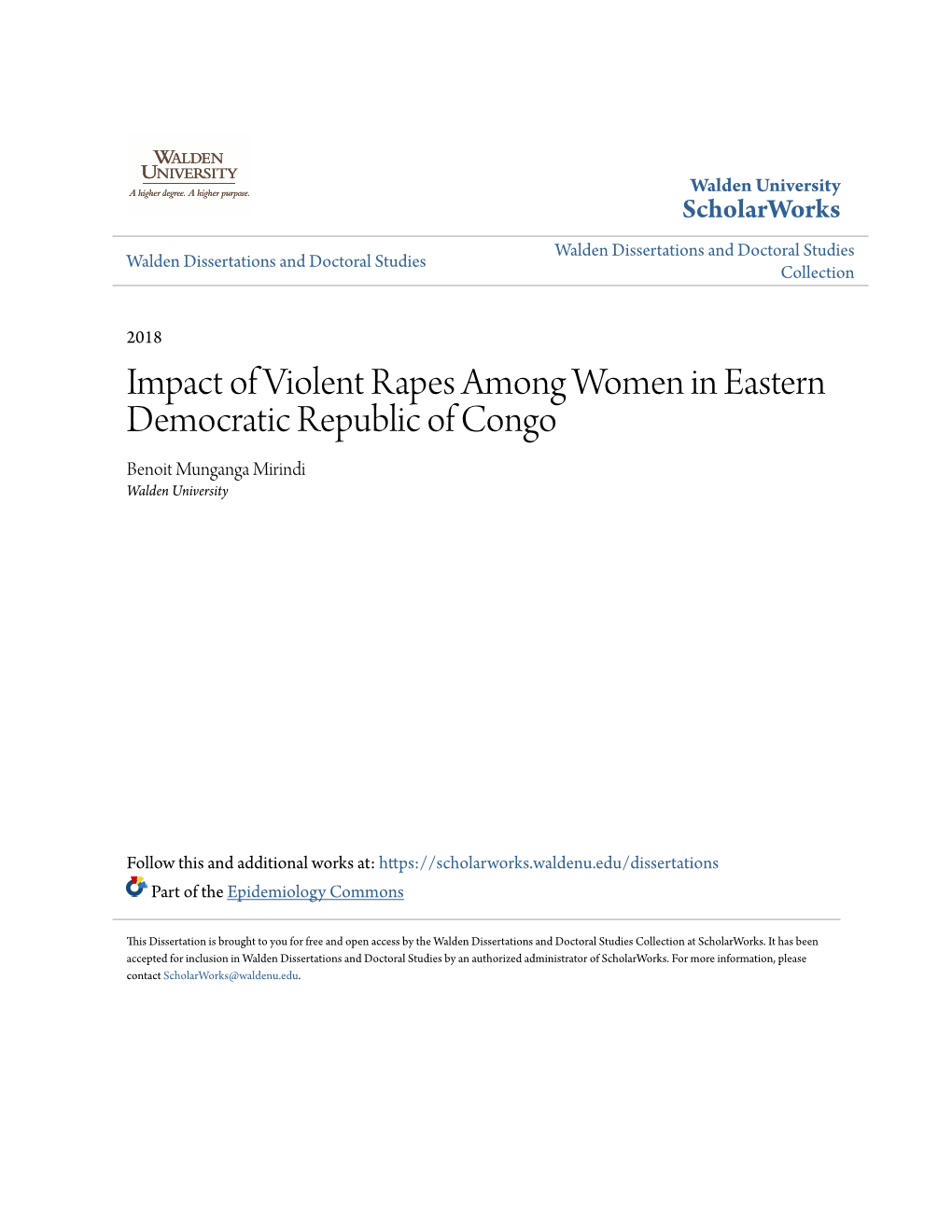 Impact of Violent Rapes Among Women in Eastern Democratic Republic of Congo Benoit Munganga Mirindi Walden University