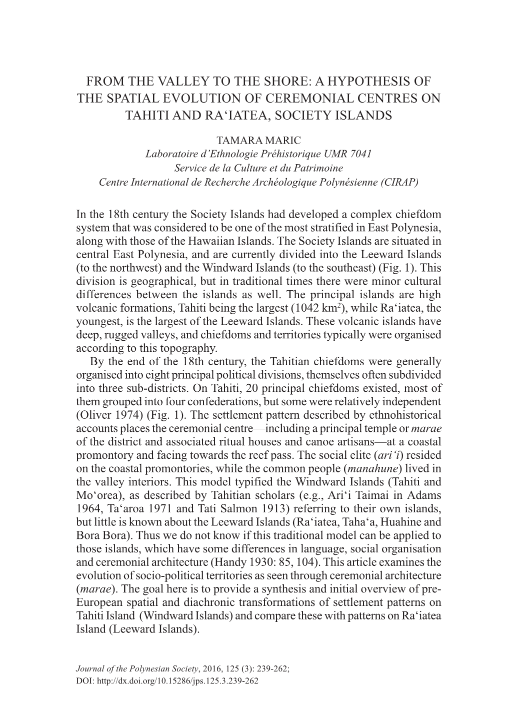 A Hypothesis of the Spatial Evolution of Ceremonial Centres on Tahiti and Ra‘Iatea, Society Islands