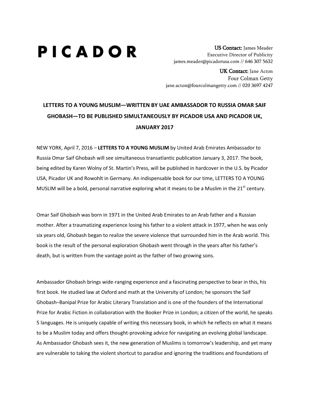 Letters to a Young Muslim—Written by Uae Ambassador to Russia Omar Saif Ghobash—To Be Published Simultaneously by Picador Usa and Picador Uk, January 2017