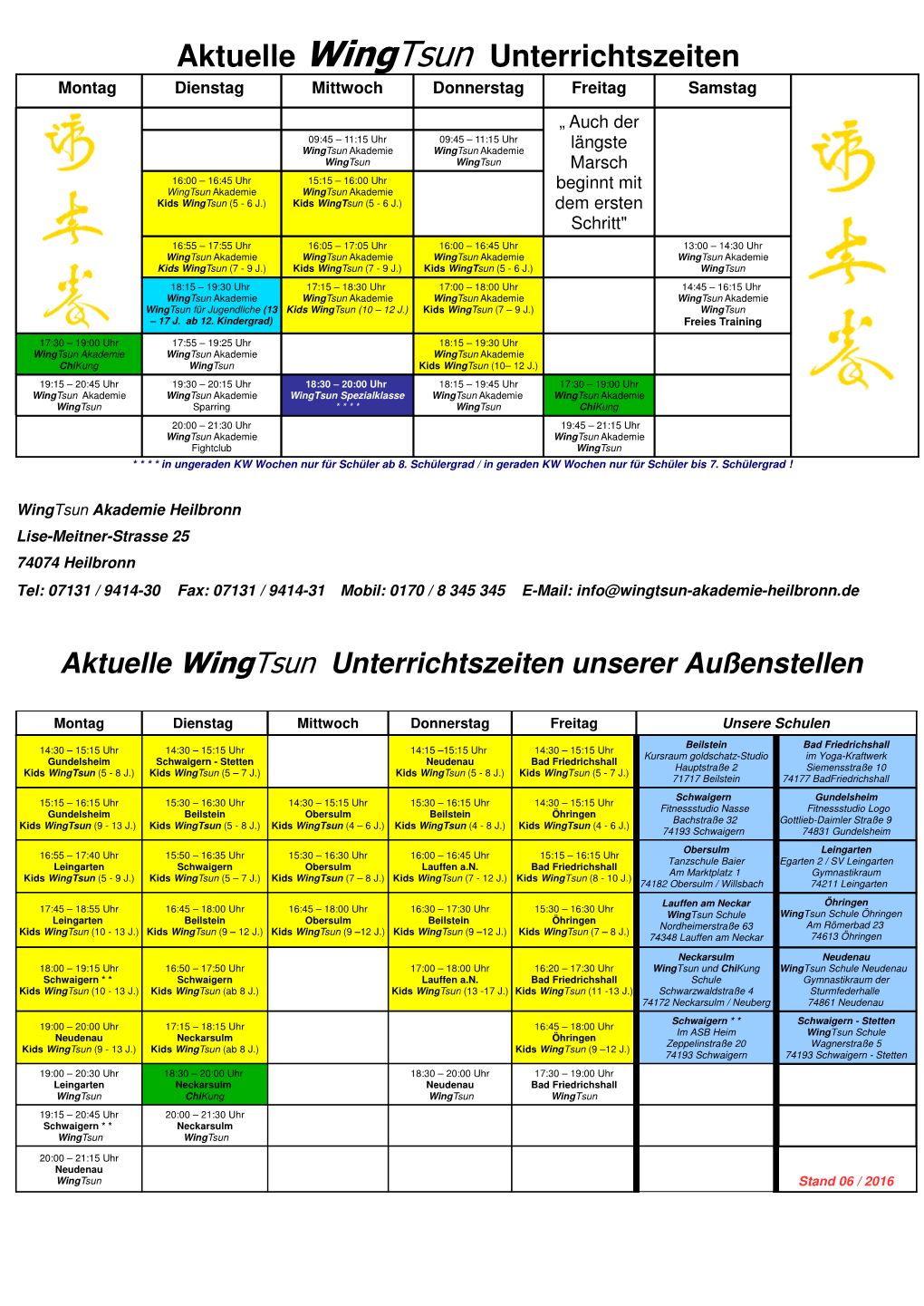 Aktuelle Wingtsun Unterrichtszeiten