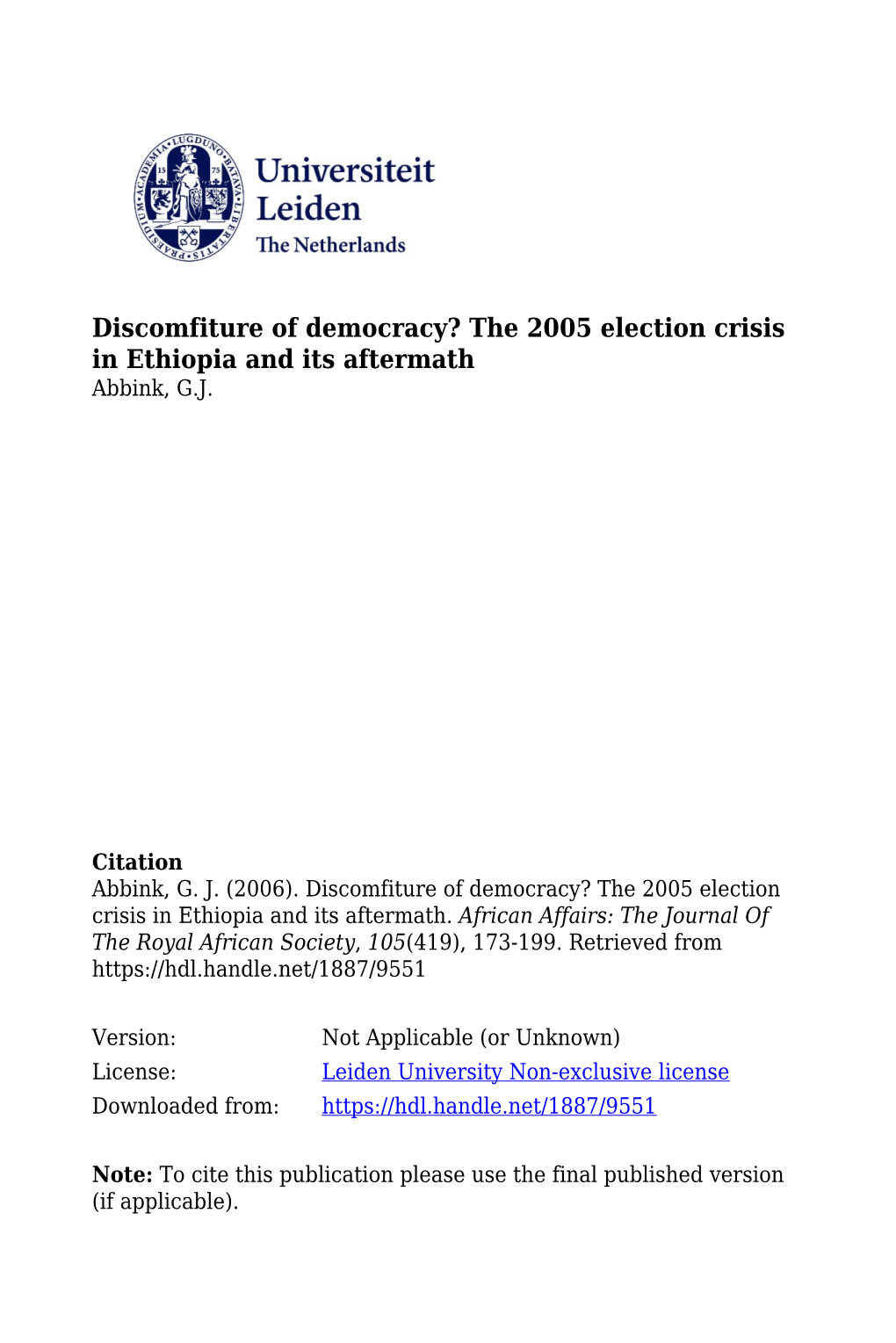 The 2005 Election Crisis in Ethiopia and Its Aftermath Abbink, G.J