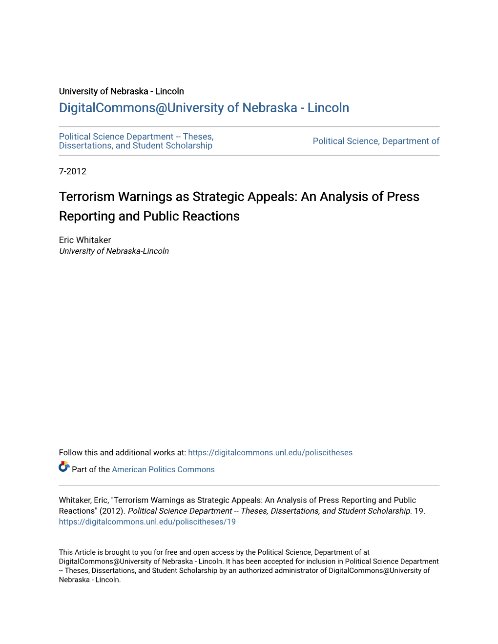 Terrorism Warnings As Strategic Appeals: an Analysis of Press Reporting and Public Reactions