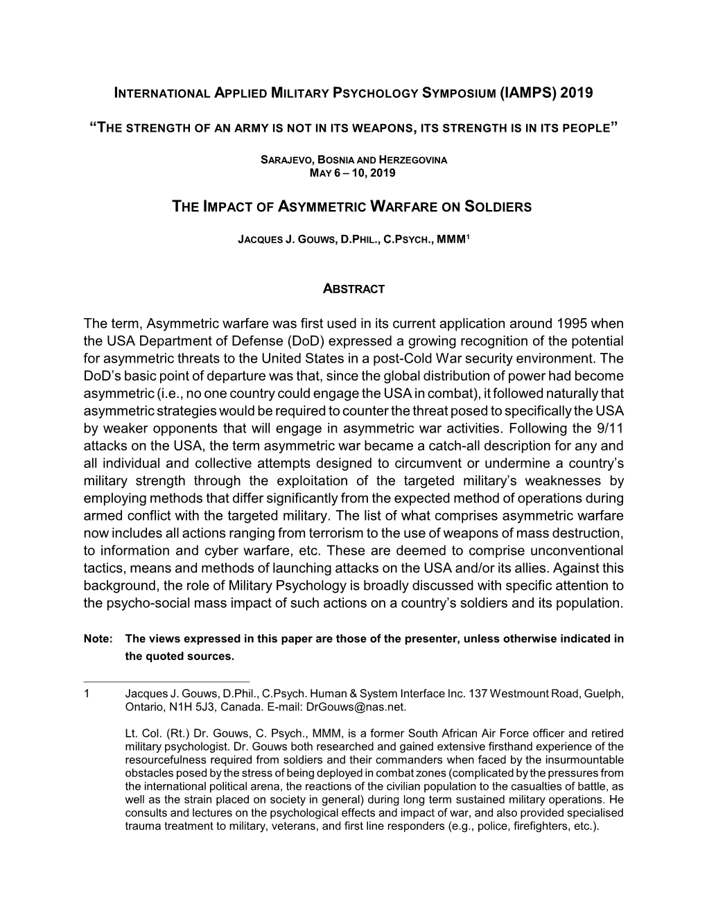 Gouws, Jacques J. (2019) the Impact of Asymmetric Warfare On