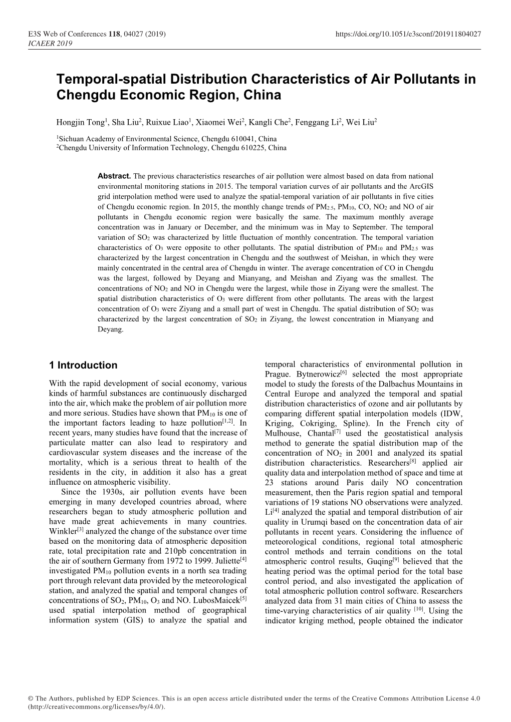 Temporal-Spatial Distribution Characteristics of Air Pollutants in Chengdu Economic Region, China