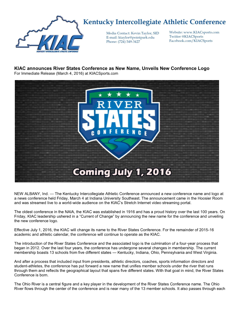 KIAC Announces River States Conference As New Name, Unveils New Conference Logo for Immediate Release (March 4, 2016) at Kiacsports.Com
